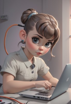 1girl,solo,breasts,looking at viewer,blush,short hair,bangs,blue eyes,brown hair,shirt,hair ornament,jewelry,white shirt,upper body,short sleeves,earrings,small breasts,parted lips,collared shirt,indoors,hair bun,lips,grey eyes,buttons,single hair bun,freckles,red lips,cable,computer,laptop,closed mouth,makeup,realistic,nose