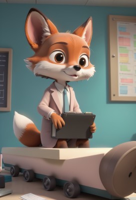 solo,smile,open mouth,shirt,1boy,holding,animal ears,brown eyes,tail,male focus,necktie,indoors,fox ears,fox tail,furry,blue necktie,paper,labcoat,furry male,male child,body fur,chalkboard,clipboard,brown fur,buck teeth,fox boy,orange fur,long sleeves,sitting,standing,jacket,white shirt,teeth,collared shirt,artist name,black eyes,:3,watermark,formal,happy,suit,desk,white fur,scroll,animal nose,aqua necktie,two-tone fur