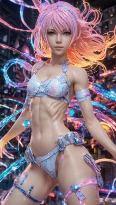 1girl,solo,long hair,breasts,looking at viewer,blue eyes,navel,cleavage,jewelry,medium breasts,underwear,standing,panties,swimsuit,pink hair,bikini,multicolored hair,cowboy shot,hairband,earrings,small breasts,stomach,bra,orange hair,blurry,lips,gradient hair,thigh strap,floating hair,blurry background,watermark,web address,science fiction,realistic,holster,thigh holster,city lights,parted lips,belt,white bikini,armband,contrapposto,toned