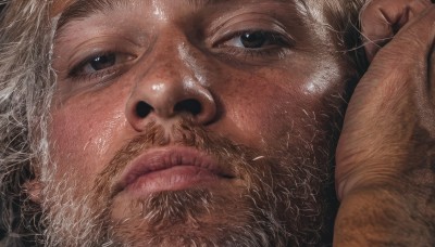 solo,looking at viewer,1boy,brown eyes,male focus,parted lips,shiny,lips,facial hair,portrait,beard,close-up,realistic,nose,mustache,old,old man,closed mouth,black eyes