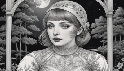 1girl,solo,looking at viewer,short hair,bangs,dress,closed mouth,monochrome,upper body,greyscale,outdoors,sky,hair bun,tree,lips,eyelashes,makeup,night,leaf,floral print,moon,portrait,star (sky),nature,night sky,full moon,starry sky,nose,smile,flower,lipstick,realistic