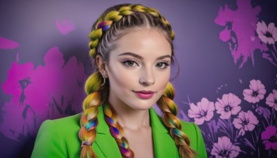 1girl,solo,long hair,looking at viewer,smile,blonde hair,brown hair,brown eyes,jewelry,closed mouth,jacket,upper body,braid,flower,multicolored hair,earrings,twin braids,two-tone hair,lips,eyelashes,makeup,lipstick,portrait,purple background,green jacket,realistic,nose,green shirt,multiple braids,shirt,black hair,green eyes,formal,forehead,eyeshadow,pink lips