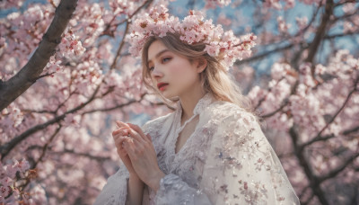 1girl, solo, long hair, blue eyes, blonde hair, long sleeves, jewelry, upper body, flower, outdoors, parted lips, blurry, tree, lips, blurry background, ring, own hands together, cherry blossoms, realistic, branch