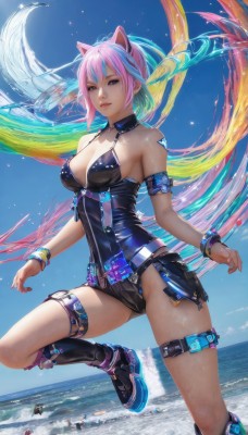 1girl,solo,breasts,looking at viewer,short hair,blue eyes,large breasts,animal ears,cleavage,bare shoulders,jewelry,medium breasts,blue hair,standing,swimsuit,pink hair,multicolored hair,boots,outdoors,parted lips,sky,day,belt,cat ears,water,bracelet,two-tone hair,leotard,lips,thigh strap,fake animal ears,ocean,beach,knee boots,purple eyes,collar,blue sky,streaked hair,aqua hair,covered navel,tattoo,leg up,armband,armlet