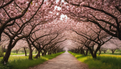 outdoors, day, tree, no humans, grass, cherry blossoms, scenery, road, path, spring (season)