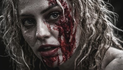 1girl,solo,long hair,looking at viewer,open mouth,blue eyes,blonde hair,simple background,parted lips,teeth,black eyes,lips,grey eyes,blood,black background,portrait,close-up,blood on face,realistic,red lips,white hair,eyelashes,freckles