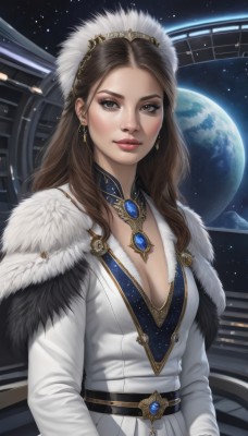 1girl,solo,long hair,breasts,looking at viewer,brown hair,long sleeves,dress,cleavage,brown eyes,jewelry,medium breasts,upper body,earrings,sky,belt,necklace,white dress,lips,coat,fur trim,makeup,gem,star (sky),starry sky,realistic,nose,red lips,space,planet,earth (planet),artist name,tiara