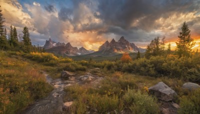 outdoors,sky,day,cloud,water,tree,no humans,bird,sunlight,cloudy sky,grass,nature,scenery,forest,sunset,rock,mountain,sun,river,landscape,mountainous horizon,path