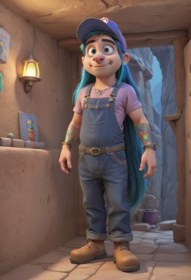 1girl,solo,long hair,looking at viewer,smile,shirt,hat,jewelry,very long hair,closed mouth,green eyes,blue hair,standing,full body,short sleeves,boots,shoes,belt,indoors,necklace,flat chest,bracelet,tattoo,brown footwear,thick eyebrows,denim,child,baseball cap,blue headwear,pink shirt,lantern,purple shirt,female child,lamp,overalls,blue overalls,outdoors,green hair