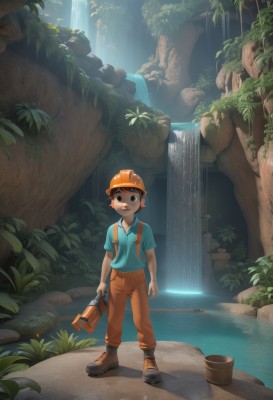 solo,looking at viewer,smile,short hair,open mouth,brown hair,shirt,1boy,holding,brown eyes,standing,full body,short sleeves,male focus,boots,outdoors,shoes,pants,artist name,water,bag,black eyes,tree,brown footwear,helmet,blue shirt,plant,child,nature,forest,rock,male child,wide shot,waterfall,orange headwear,orange pants,black hair,hat,signature,backpack,sneakers,scenery