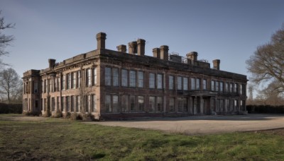 outdoors,sky,day,tree,blue sky,no humans,window,grass,building,scenery,road,bare tree,ruins,house,path