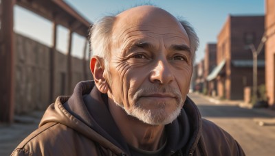 solo,looking at viewer,short hair,1boy,brown eyes,closed mouth,jacket,upper body,white hair,grey hair,male focus,outdoors,sky,day,hood,blurry,hoodie,depth of field,blurry background,facial hair,hood down,building,portrait,beard,brown jacket,realistic,mustache,bald,old,old man,wrinkled skin,blue sky,lips,grey eyes,sunlight,thick eyebrows