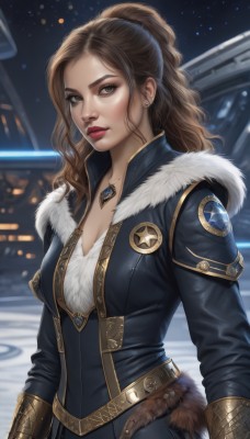 1girl,solo,long hair,breasts,looking at viewer,brown hair,gloves,long sleeves,cleavage,brown eyes,jewelry,medium breasts,jacket,upper body,ponytail,earrings,parted lips,belt,necklace,mole,blurry,lips,fur trim,makeup,night,blurry background,wavy hair,lipstick,mole under mouth,snow,pendant,freckles,nose,red lips,shirt,open clothes,star (sky),eyeshadow,realistic,emblem