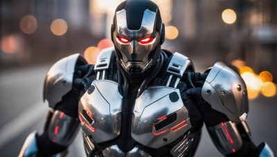 solo,looking at viewer,red eyes,1boy,upper body,male focus,armor,blurry,depth of field,blurry background,glowing,robot,mecha,glowing eyes,science fiction,straight-on,power armor,humanoid robot,mask,helmet,lens flare,realistic,bokeh,lights,cyberpunk