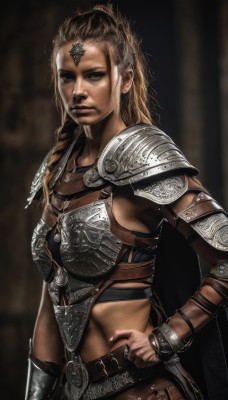 1girl,solo,long hair,looking at viewer,blonde hair,brown hair,brown eyes,closed mouth,braid,cowboy shot,midriff,belt,cape,armor,blurry,lips,hand on hip,single braid,blurry background,shoulder armor,pauldrons,breastplate,realistic,nose,vambraces,bracer,bikini armor,chainmail,jewelry,ring,shoulder pads