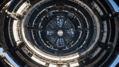 sky,blue sky,no humans,from above,blue background,scenery,science fiction,clock,gears,outdoors,day,cloud,signature,sunlight,space,planet,spacecraft