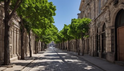 outdoors,sky,day,cloud,tree,blue sky,no humans,shadow,sunlight,building,scenery,stairs,road,shade,pillar,street,arch,vanishing point,window,architecture,pavement