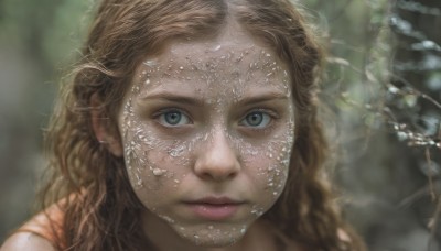 1girl,solo,long hair,looking at viewer,blue eyes,blonde hair,brown hair,closed mouth,water,blurry,lips,grey eyes,depth of field,blurry background,wavy hair,portrait,close-up,realistic,nose,green eyes,eyelashes,freckles,underwater