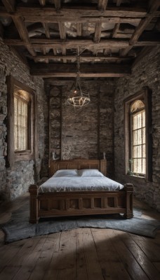 day,indoors,pillow,no humans,window,bed,on bed,sunlight,scenery,wooden floor,stairs,door,lamp,candle,wall,bedroom,carpet,candlestand,rug,chandelier,fireplace,bed sheet,table,bottle,plant,fantasy,wooden wall,stone floor