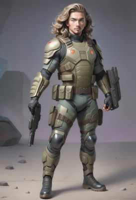 1girl,solo,long hair,looking at viewer,blue eyes,blonde hair,brown hair,gloves,1boy,holding,full body,weapon,male focus,boots,belt,fingerless gloves,holding weapon,armor,lips,gun,bodysuit,holding gun,rifle,handgun,science fiction,curly hair,pouch,realistic,holster,knee pads,animification,power armor,body armor,standing,teeth,shield,assault rifle,armored boots,shotgun,energy gun,bullpup