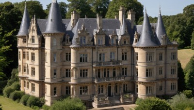 outdoors,sky,day,tree,blue sky,no humans,window,grass,building,nature,scenery,forest,fantasy,bush,house,castle,tower,path,arch,stairs,architecture