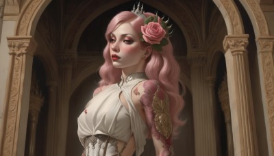 1girl,solo,long hair,breasts,looking at viewer,blush,hair ornament,red eyes,dress,jewelry,medium breasts,upper body,pink hair,flower,earrings,parted lips,indoors,hair flower,white dress,armor,lips,dutch angle,eyelashes,makeup,rose,wavy hair,tiara,crown,lipstick,corset,pink flower,eyeshadow,curly hair,pink lips,red lips,eyeliner,pink rose,pillar,mascara,arch,column,pink eyeshadow,brown eyes,pink eyes,from side,tattoo,flower tattoo