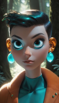 1girl,solo,looking at viewer,short hair,blue eyes,shirt,black hair,jewelry,closed mouth,collarbone,jacket,upper body,earrings,outdoors,artist name,dark skin,blurry,aqua eyes,dark-skinned female,tree,lips,coat,eyelashes,makeup,blurry background,turtleneck,watermark,lipstick,gem,portrait,nature,web address,close-up,eyeshadow,forest,brown jacket,nose,eyeliner,mascara,depth of field,backlighting,orange jacket,aqua shirt