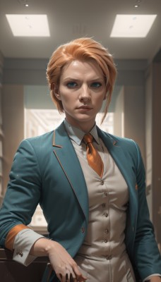 1girl,solo,breasts,looking at viewer,short hair,blue eyes,blonde hair,shirt,long sleeves,medium breasts,jacket,white shirt,upper body,open clothes,necktie,collared shirt,artist name,indoors,vest,lips,buttons,formal,suit,blue jacket,freckles,realistic,nose,orange necktie,parted lips,orange hair