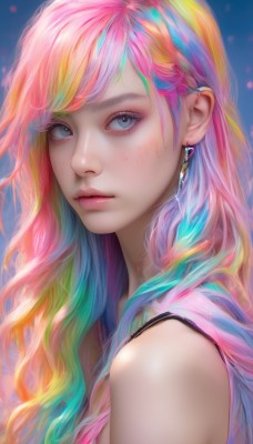 1girl,solo,long hair,looking at viewer,bangs,blue eyes,bare shoulders,jewelry,closed mouth,blue hair,upper body,pink hair,multicolored hair,earrings,sleeveless,from side,lips,grey eyes,eyelashes,gradient hair,makeup,blue background,portrait,eyeshadow,freckles,pink lips,realistic,nose,colorful,mascara,rainbow hair,blonde hair,artist name,orange hair,mole,looking to the side,aqua hair,swept bangs,watermark,wavy hair