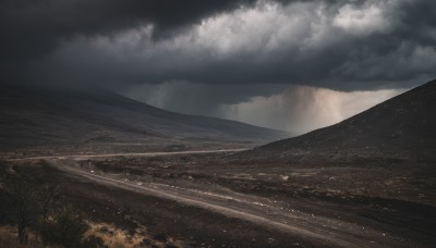 outdoors,sky,cloud,water,tree,dutch angle,no humans,ocean,sunlight,cloudy sky,grass,scenery,light rays,mountain,horizon,road,field,landscape,hill,day,nature,forest,river