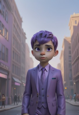 solo,looking at viewer,short hair,shirt,long sleeves,1boy,closed mouth,standing,purple eyes,jacket,purple hair,male focus,outdoors,multiple boys,necktie,sky,solo focus,day,collared shirt,pants,artist name,signature,blurry,vest,lips,buttons,blurry background,formal,suit,building,child,freckles,city,realistic,purple shirt,purple jacket,male child,street,purple necktie,people,androgynous,personification,crowd