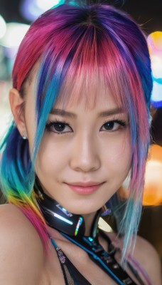 1girl,solo,long hair,looking at viewer,smile,bangs,bare shoulders,jewelry,closed mouth,blue hair,upper body,ponytail,pink hair,purple hair,multicolored hair,earrings,blurry,black eyes,two-tone hair,lips,eyelashes,gradient hair,makeup,blurry background,portrait,realistic,nose,depth of field,watermark,close-up,science fiction,cyberpunk,rainbow hair