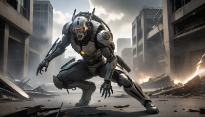 HQ,solo,red eyes,1boy,weapon,male focus,outdoors,sky,cloud,armor,gun,no humans,glowing,fire,robot,building,mecha,glowing eyes,claws,science fiction,city,realistic,one knee,ruins,power armor,looking at viewer,open mouth,full body,boots,military,squatting,helmet,cloudy sky,ground vehicle,motor vehicle,smoke,electricity,car,cyborg,lightning,debris,cyberpunk,dust,destruction,sparks