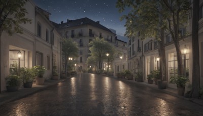 outdoors,sky,water,tree,no humans,window,night,plant,building,star (sky),night sky,scenery,starry sky,reflection,door,potted plant,road,lamp,bush,house,lamppost,street,reflective water