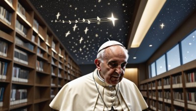 solo,short hair,1boy,jewelry,closed mouth,upper body,white hair,male focus,indoors,dark skin,necklace,blurry,book,window,capelet,facial hair,star (sky),realistic,bookshelf,bald,white capelet,old,old man,library,old woman,priest,wrinkled skin,closed eyes,sky,star (symbol),bird,cross,starry sky,cross necklace