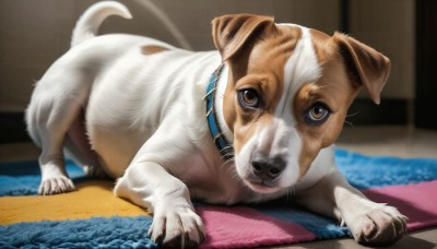 HQ,solo,looking at viewer,brown eyes,closed mouth,full body,indoors,blurry,collar,no humans,depth of field,blurry background,animal,dog,wooden floor,realistic,on floor,animal focus,carpet,rug,pet,animal collar