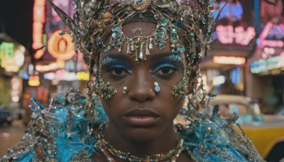 1girl,solo,looking at viewer,brown hair,black hair,hair ornament,brown eyes,jewelry,closed mouth,earrings,outdoors,artist name,dark skin,water,necklace,blurry,black eyes,dark-skinned female,lips,eyelashes,makeup,depth of field,blurry background,expressionless,tiara,gem,portrait,eyeshadow,beads,circlet,realistic,eyeliner,gold,very dark skin,mascara,blue eyeshadow,headband,piercing,headdress