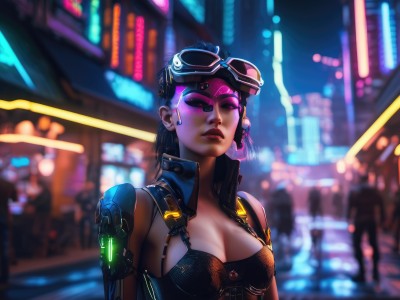 1girl,solo,long hair,breasts,black hair,cleavage,jewelry,medium breasts,closed eyes,upper body,earrings,outdoors,dark skin,blurry,dark-skinned female,lips,makeup,night,blurry background,lipstick,goggles,eyeshadow,science fiction,goggles on head,city,nose,eyeliner,mechanical arms,cyborg,single mechanical arm,mascara,cyberpunk,neon lights,looking at viewer,large breasts,purple eyes,realistic,city lights