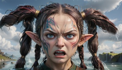 1girl,solo,long hair,looking at viewer,open mouth,blue eyes,brown hair,twintails,jewelry,braid,earrings,outdoors,sky,teeth,day,pointy ears,artist name,cloud,water,twin braids,blue sky,lips,wet,tattoo,ocean,fangs,facial mark,cloudy sky,portrait,angry,close-up,forehead,forehead mark,realistic,nose,hair tie,fantasy,wet hair,black hair,mountain,watercraft