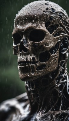 solo,looking at viewer,1boy,upper body,male focus,outdoors,water,blurry,wet,no humans,rain,monster,realistic,alien,artist name,from side,depth of field,blurry background,animal,1other,skull