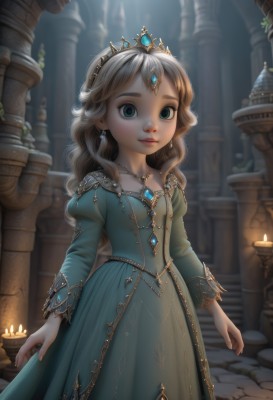 1girl,solo,long hair,looking at viewer,blue eyes,blonde hair,long sleeves,dress,jewelry,closed mouth,standing,earrings,puffy sleeves,artist name,indoors,necklace,blurry,flat chest,aqua eyes,lips,depth of field,blue dress,wavy hair,ring,tiara,crown,juliet sleeves,gem,child,pendant,green dress,candle,pillar,princess,aqua dress,column,breasts,eyelashes,fire,gown