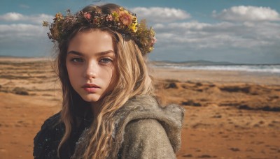 1girl,solo,long hair,looking at viewer,blue eyes,blonde hair,hair ornament,upper body,flower,outdoors,parted lips,sky,day,cloud,hair flower,hood,blurry,blue sky,lips,grey eyes,depth of field,blurry background,beach,portrait,freckles,realistic,nose,sand,head wreath,desert,brown hair,hood down,cloudy sky