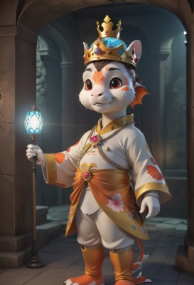 solo,looking at viewer,smile,red eyes,long sleeves,1boy,holding,animal ears,brown eyes,jewelry,closed mouth,standing,tail,full body,male focus,boots,indoors,facial mark,floral print,crown,staff,gem,child,furry,holding staff,furry male,male child,scepter,watermark,robe,pillar,whiskers