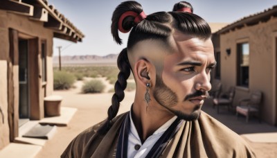 solo,long hair,shirt,black hair,1boy,brown eyes,jewelry,closed mouth,white shirt,upper body,braid,male focus,earrings,outdoors,day,blurry,black eyes,looking to the side,single braid,blurry background,facial hair,building,portrait,beard,braided ponytail,realistic,mustache,house,old,old man,wrinkled skin,twintails,sky,dark skin,twin braids,chair