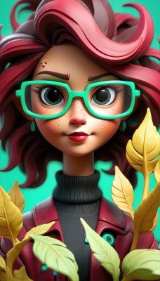 1girl,solo,looking at viewer,smile,short hair,simple background,jewelry,closed mouth,green eyes,jacket,upper body,pink hair,flower,red hair,multicolored hair,earrings,open clothes,glasses,artist name,medium hair,black eyes,two-tone hair,sweater,lips,makeup,turtleneck,leaf,watermark,plant,lipstick,portrait,red jacket,ribbed sweater,freckles,green background,turtleneck sweater,round eyewear,red lips,aqua background,green-framed eyewear,long hair,brown hair,streaked hair,eyelashes,nose