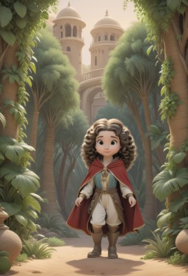 1girl,solo,long hair,looking at viewer,brown hair,shirt,long sleeves,brown eyes,jewelry,closed mouth,standing,full body,white shirt,boots,outdoors,belt,pants,cape,black eyes,tree,lips,brown footwear,grass,plant,building,child,walking,curly hair,white pants,red cape,smile,sword,artist name,leaf,sheath