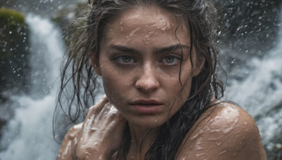 1girl, solo, long hair, looking at viewer, black hair, brown eyes, closed mouth, outdoors, blurry, lips, wet, blurry background, messy hair, portrait, snow, snowing, realistic, nose, wet hair, hand on own shoulder