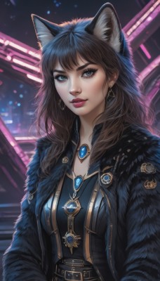 1girl,solo,long hair,breasts,looking at viewer,bangs,blue eyes,brown hair,black hair,animal ears,jewelry,closed mouth,jacket,upper body,earrings,open clothes,belt,cat ears,necklace,lips,coat,animal ear fluff,grey eyes,fur trim,makeup,lipstick,brooch,gem,buckle,eyeshadow,nose,red lips,medium breasts,eyelashes,wolf ears,thick eyebrows,black coat,realistic,hands in pockets,neon lights