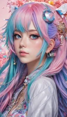 1girl,solo,long hair,breasts,looking at viewer,bangs,blue eyes,shirt,hair ornament,cleavage,jewelry,closed mouth,blue hair,white shirt,upper body,pink hair,flower,multicolored hair,earrings,artist name,necklace,from side,two-tone hair,lips,looking to the side,eyelashes,aqua hair,gradient hair,makeup,chain,piercing,feathers,lipstick,crescent,ear piercing,eyeshadow,freckles,pink lips,realistic,nose,crescent hair ornament,mascara,purple hair,sidelocks,parted lips,floral print,pink background,portrait