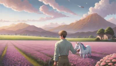 solo,short hair,brown hair,shirt,black hair,long sleeves,1boy,holding,standing,white shirt,flower,male focus,outdoors,horns,sky,glasses,day,belt,pants,cloud,from behind,tree,blue sky,cloudy sky,grass,nature,scenery,single horn,pink flower,mountain,aircraft,leash,green shirt,airplane,field,brown pants,house,flower field,mountainous horizon,unicorn,reins,star (sky),sunset,twilight,evening,lake